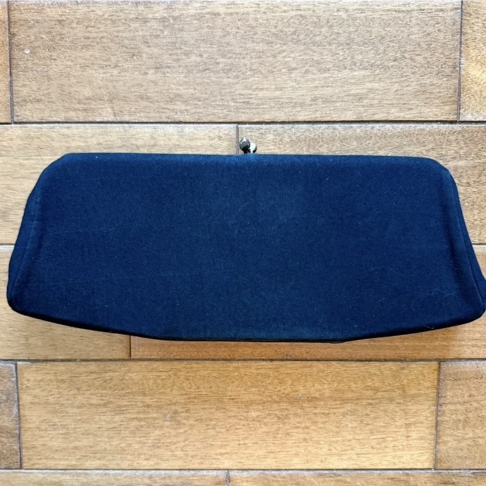 VTG 60s MCM Black Faille Fabric Evening Clutch Purse Gold Kiss Clasp 11.5x4.5